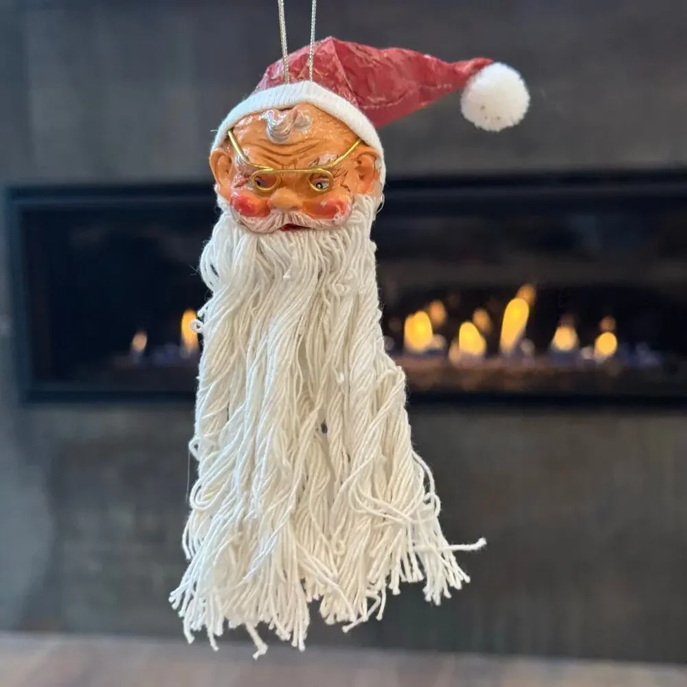 Vintage Santa Claus Head Ornaments Wire Glasses Mop String Beard Set of 3 Retro